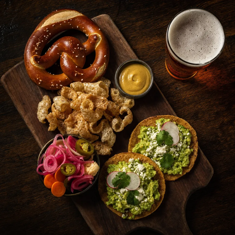 Tabla de botanas con pretzel, chicharrón y tostadas junto a una pinta