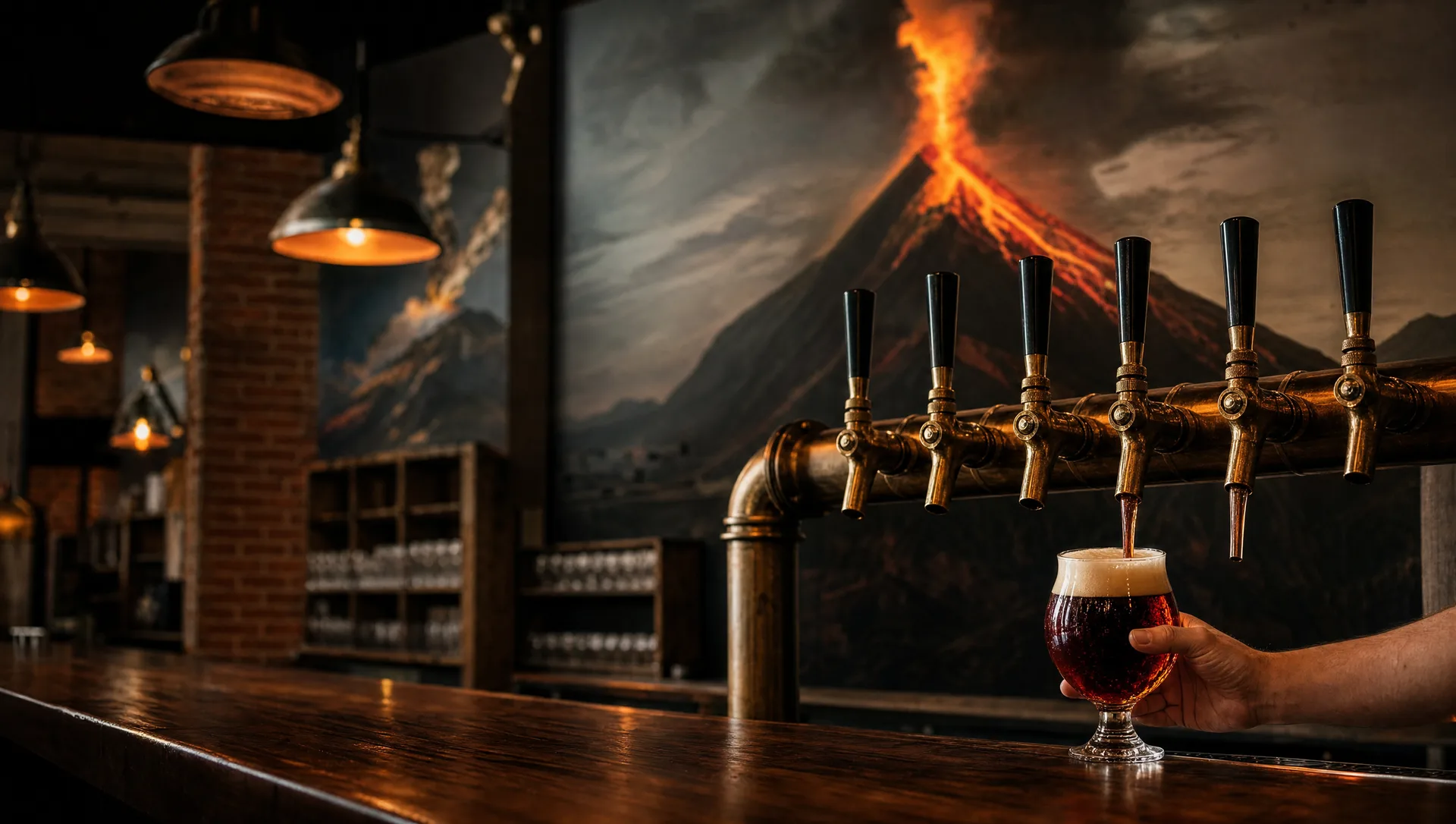 Barra del taproom de Ceniza con seis grifos de bronce y el mural del Volcán de Fuego