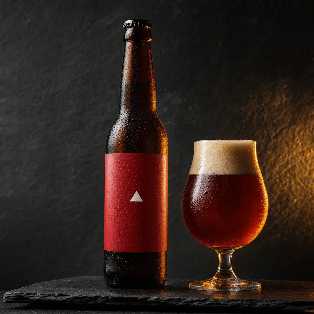 Botella de Lava Roja junto a una copa de red ale