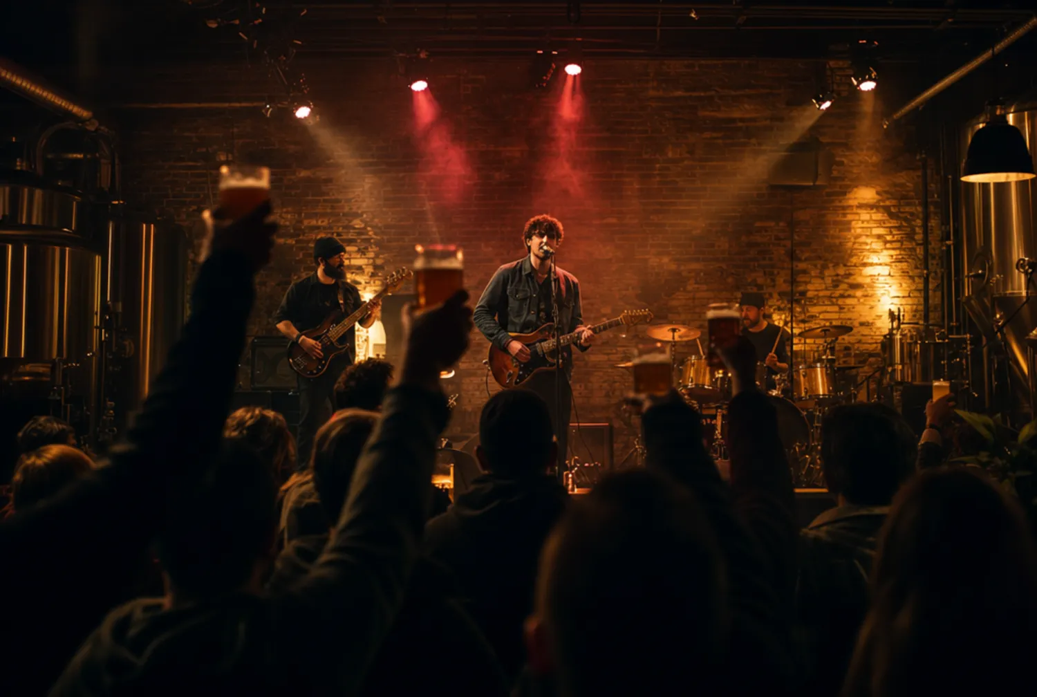 Banda tocando en el taproom con el público levantando pintas