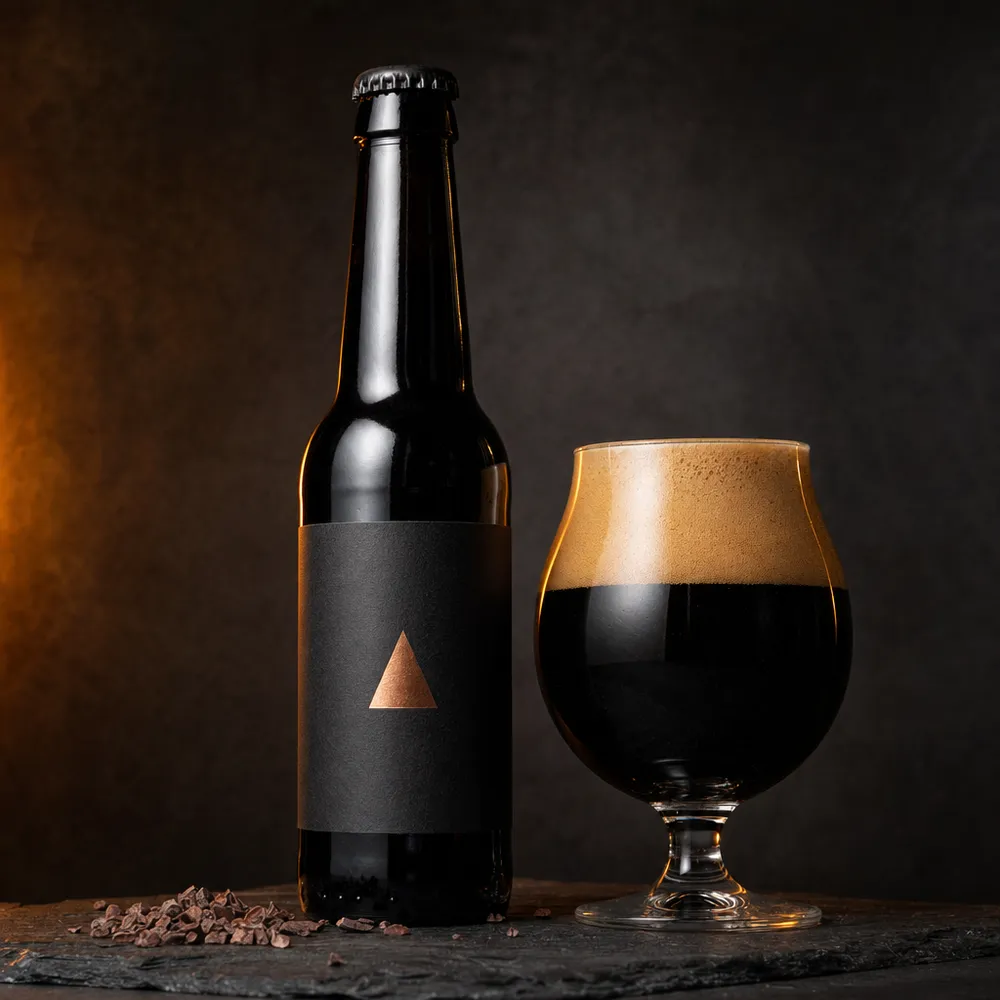 Botella negra de Obsidiana junto a una copa de stout