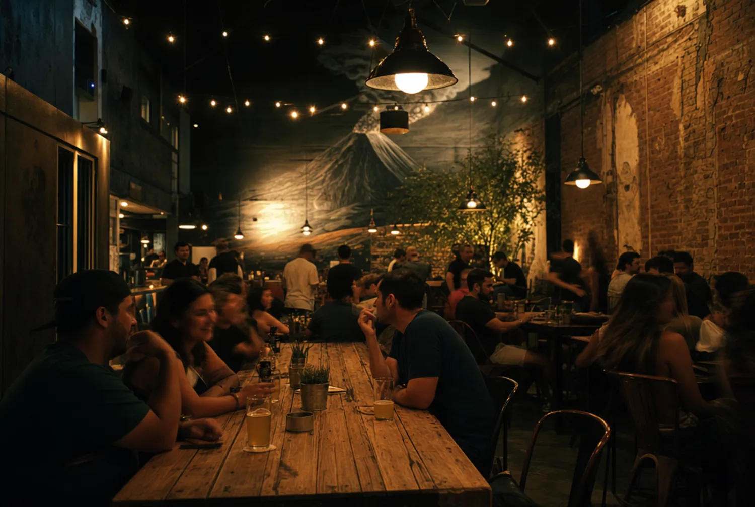 Mesas largas del taproom con luces ámbar y el mural del volcán