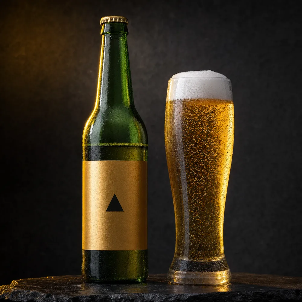 Botella verde de Volcán junto a un vaso de lager